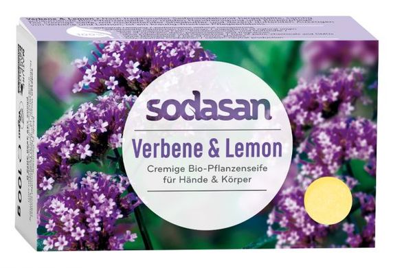 Органічне тверде крем-мило SODASAN освіжаюче Вербена-Лимон для обличчя та тіла, 100 г