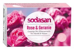 Органічне тверде крем-мило SODASAN омолоджуюче Троянда-Герань для обличчя та тіла, 100 г
