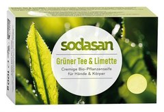 Органічне тверде крем-мило SODASAN антибактеріальне Зелений чай-Лайм для обличчя та тіла, 100 г